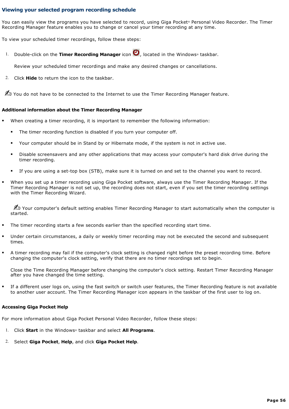 Viewing your selected program recording schedule | Sony PCV-RS500CP User Manual | Page 56 / 143