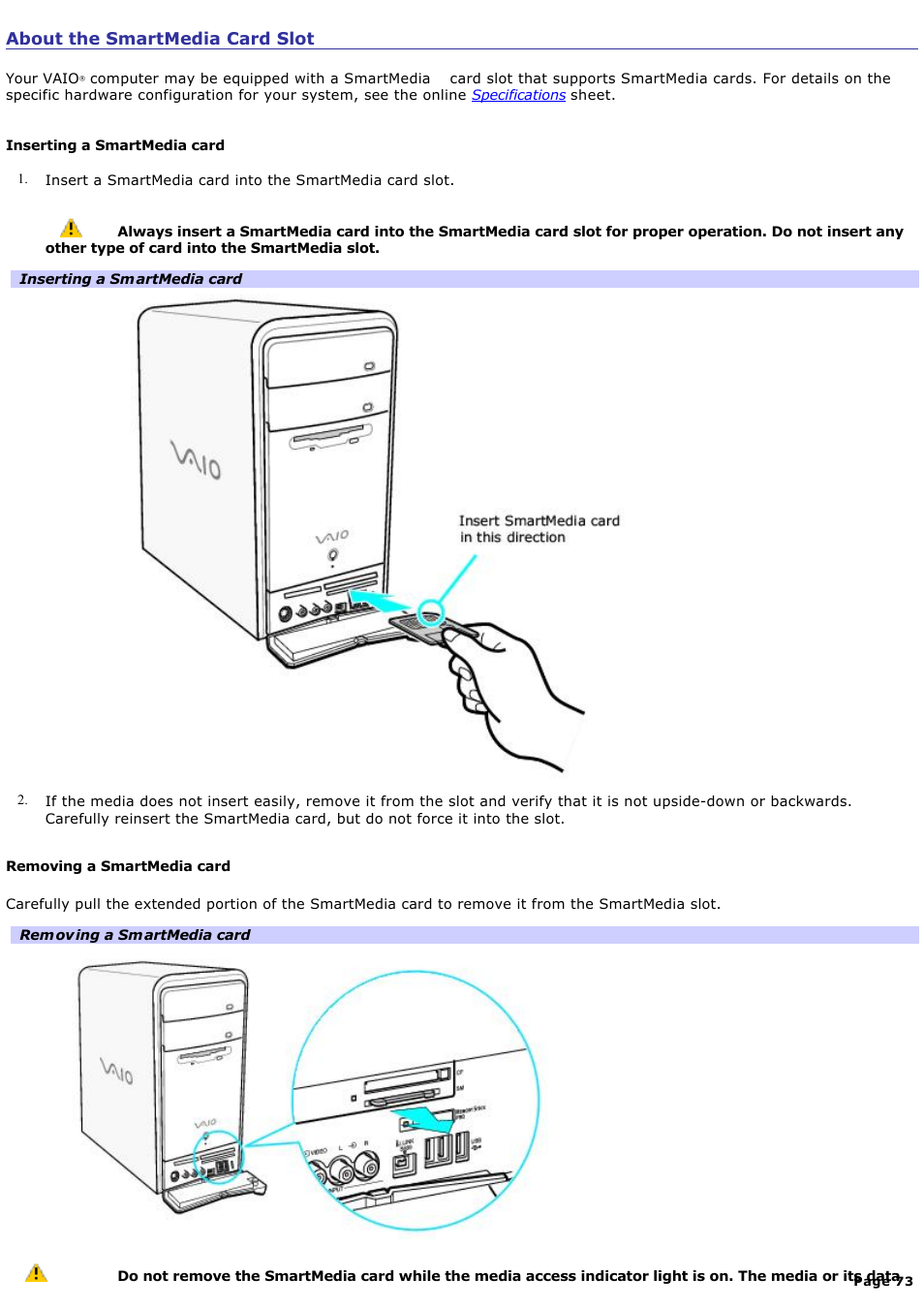 About the smartmedia card slot | Sony PCV-RS500CP User Manual | Page 73 / 143