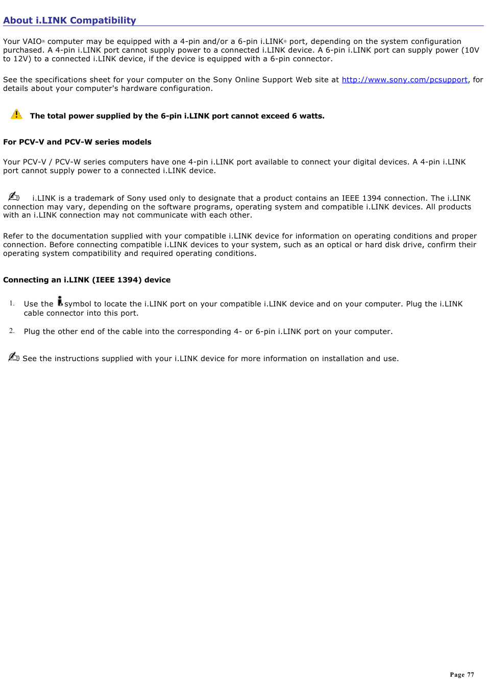 About i.link compatibility | Sony PCV-RS500CP User Manual | Page 77 / 143