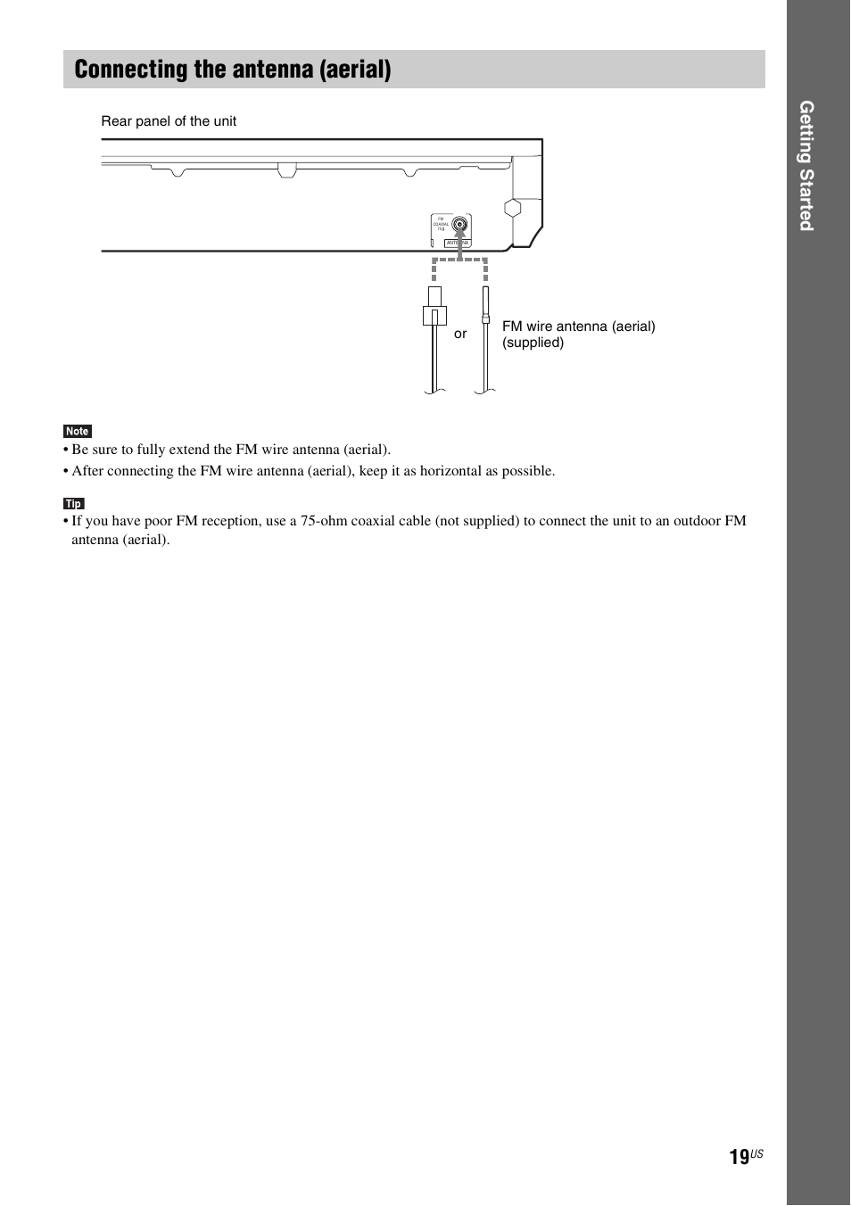 Connecting the antenna (aerial), E 19), Ge tting star te d | Sony BDV-T58 User Manual | Page 19 / 72