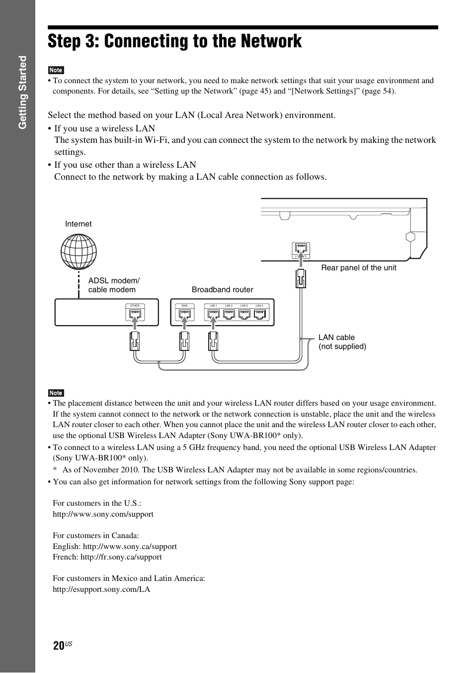 Step 3: connecting to the network, Step 3: connecting to the, Network | E 20), Gettin g star ted | Sony BDV-T58 User Manual | Page 20 / 72