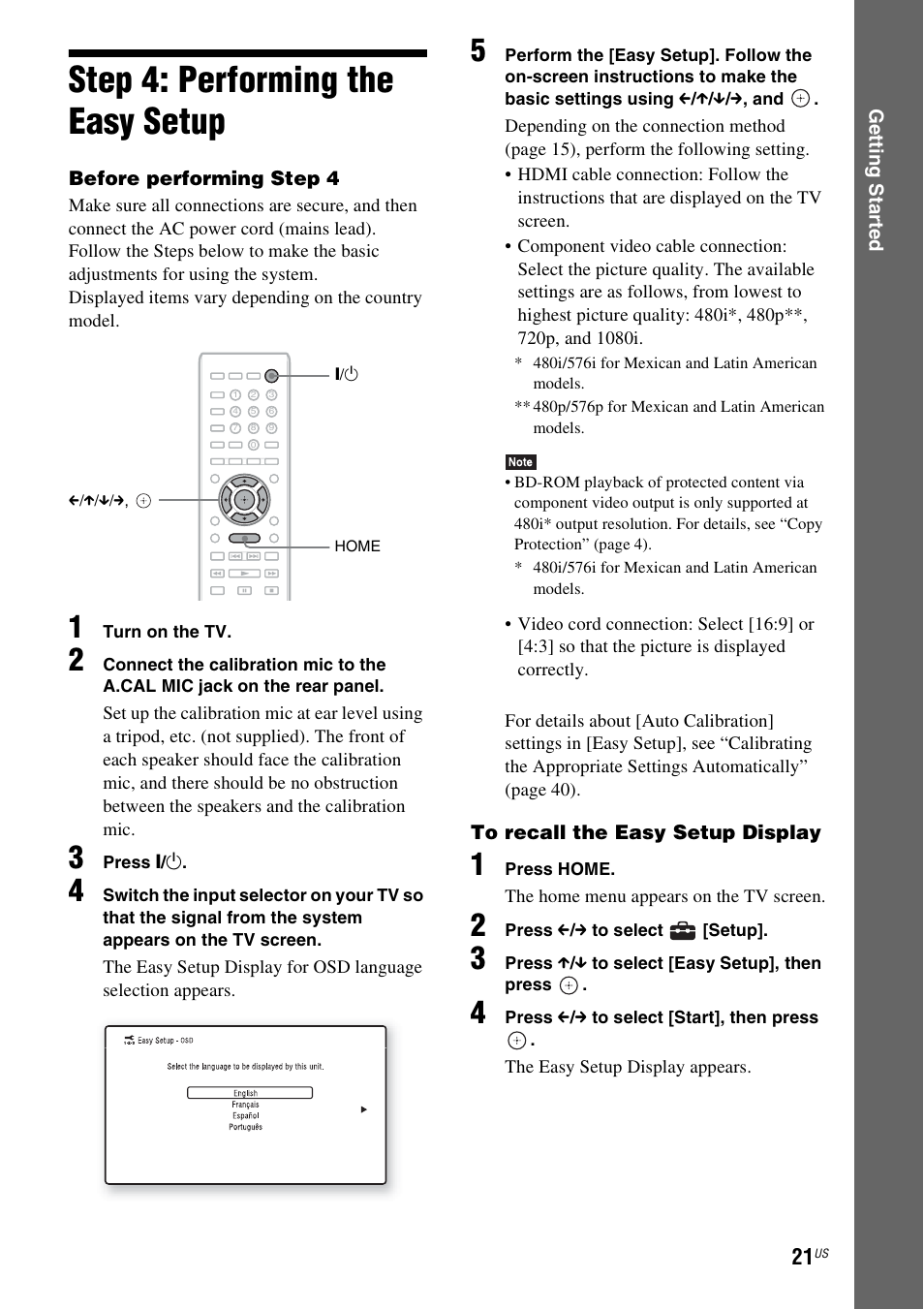 Step 4: performing the easy setup, Step 4: performing the easy, Setup | Es 21, E 21 | Sony BDV-T58 User Manual | Page 21 / 72
