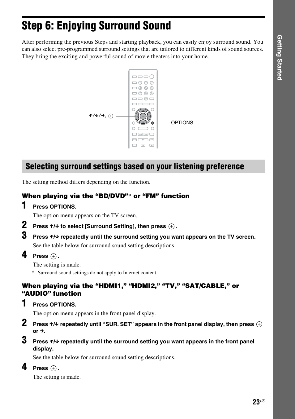 Step 6: enjoying surround sound, Step 6: enjoying surround, Sound | Es 23 | Sony BDV-T58 User Manual | Page 23 / 72