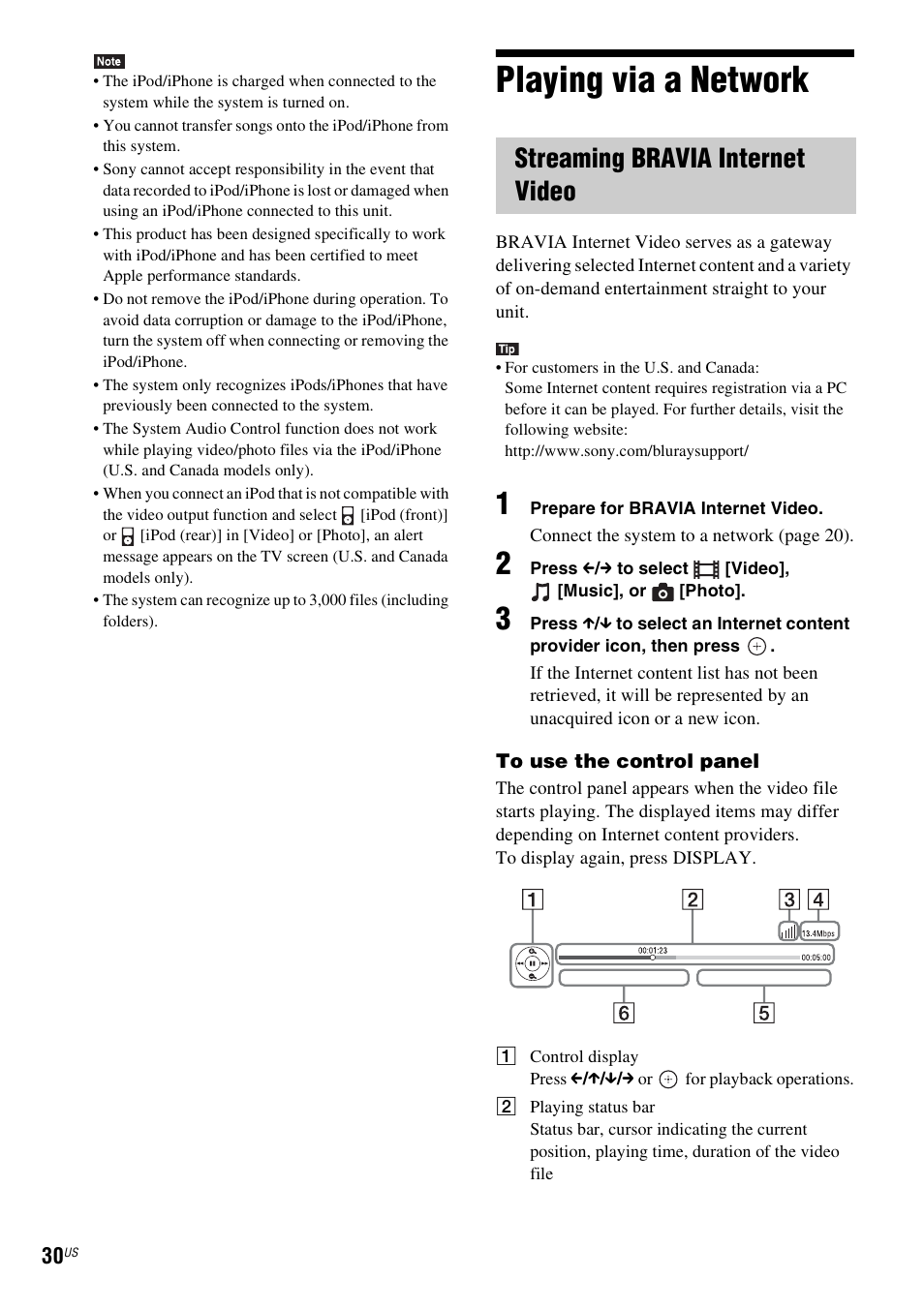 Playing via a network, Streaming bravia internet video | Sony BDV-T58 User Manual | Page 30 / 72