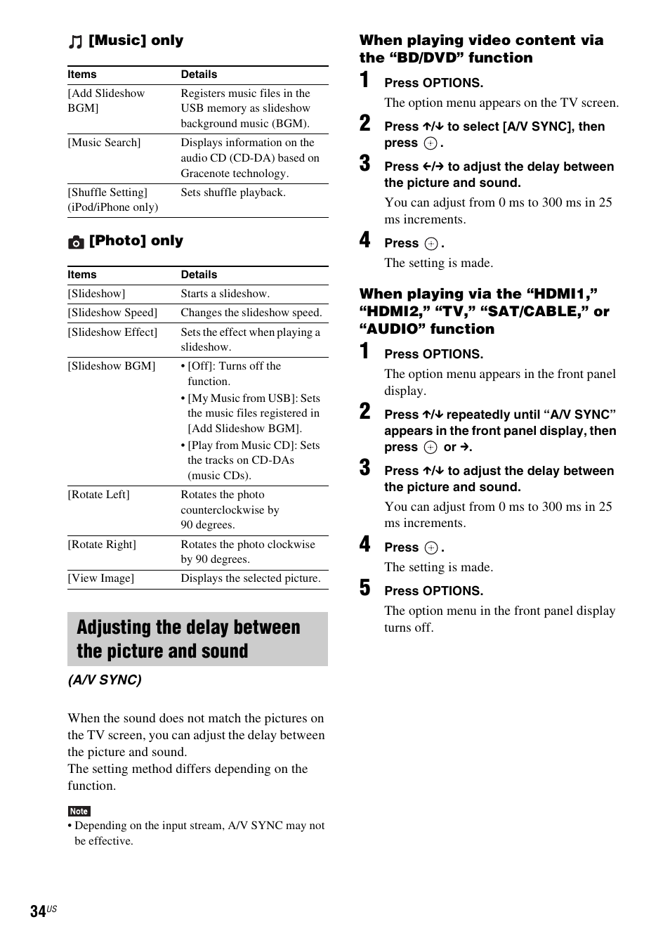 Adjusting the delay between the picture and sound | Sony BDV-T58 User Manual | Page 34 / 72