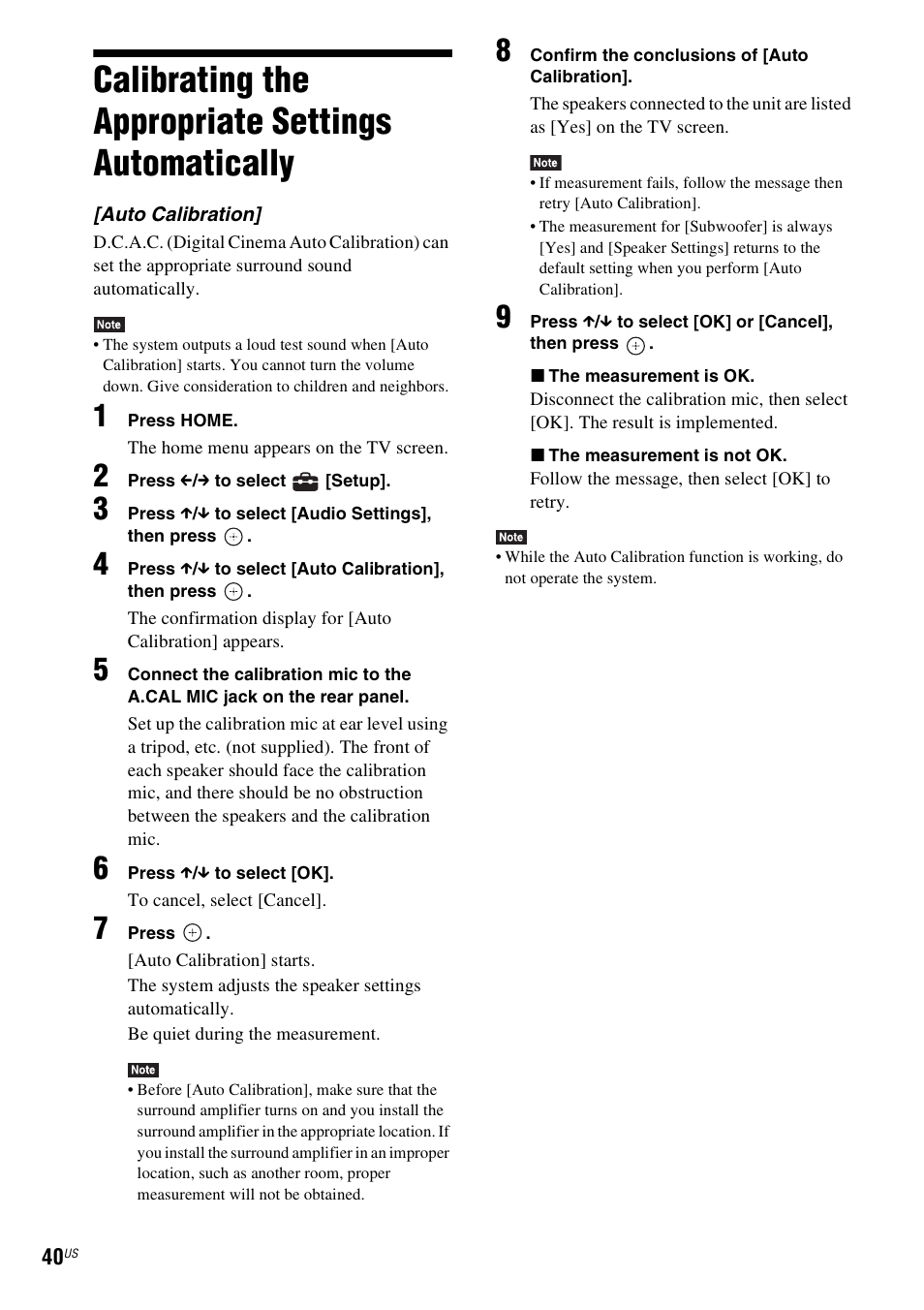 Calibrating the appropriate settings automatically, Calibrating the appropriate settings, Automatically | Sony BDV-T58 User Manual | Page 40 / 72