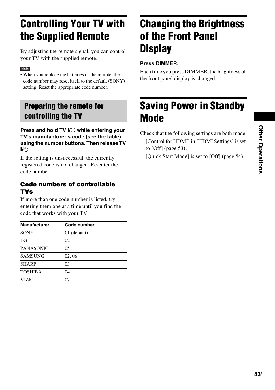 Controlling your tv with the supplied remote, Preparing the remote for controlling the tv, Changing the brightness of the front panel display | Saving power in standby mode, Controlling your tv with the supplied, Remote, Changing the brightness of the front, Panel display | Sony BDV-T58 User Manual | Page 43 / 72