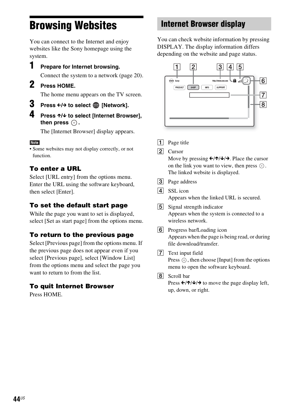 Browsing websites, Internet browser display | Sony BDV-T58 User Manual | Page 44 / 72