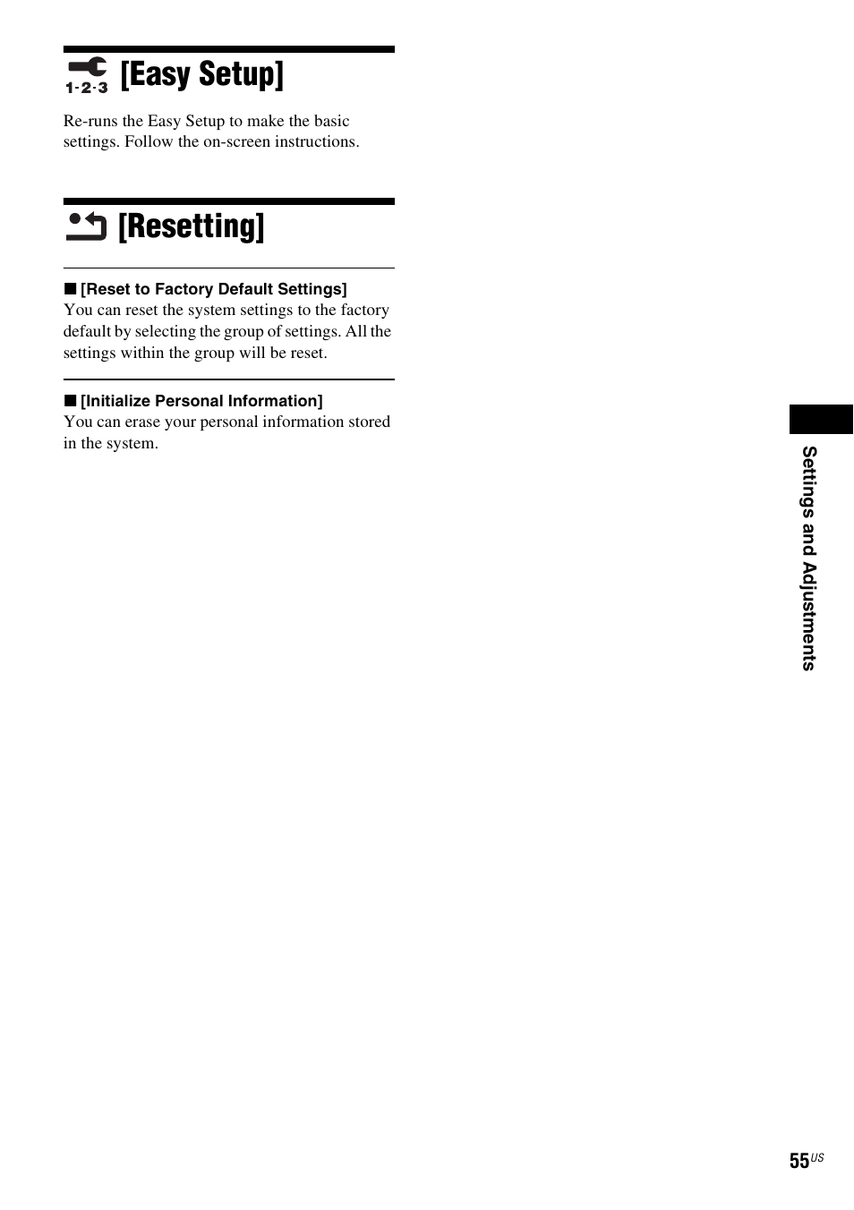 Easy setup, Resetting, Easy setup] [resetting | Sony BDV-T58 User Manual | Page 55 / 72