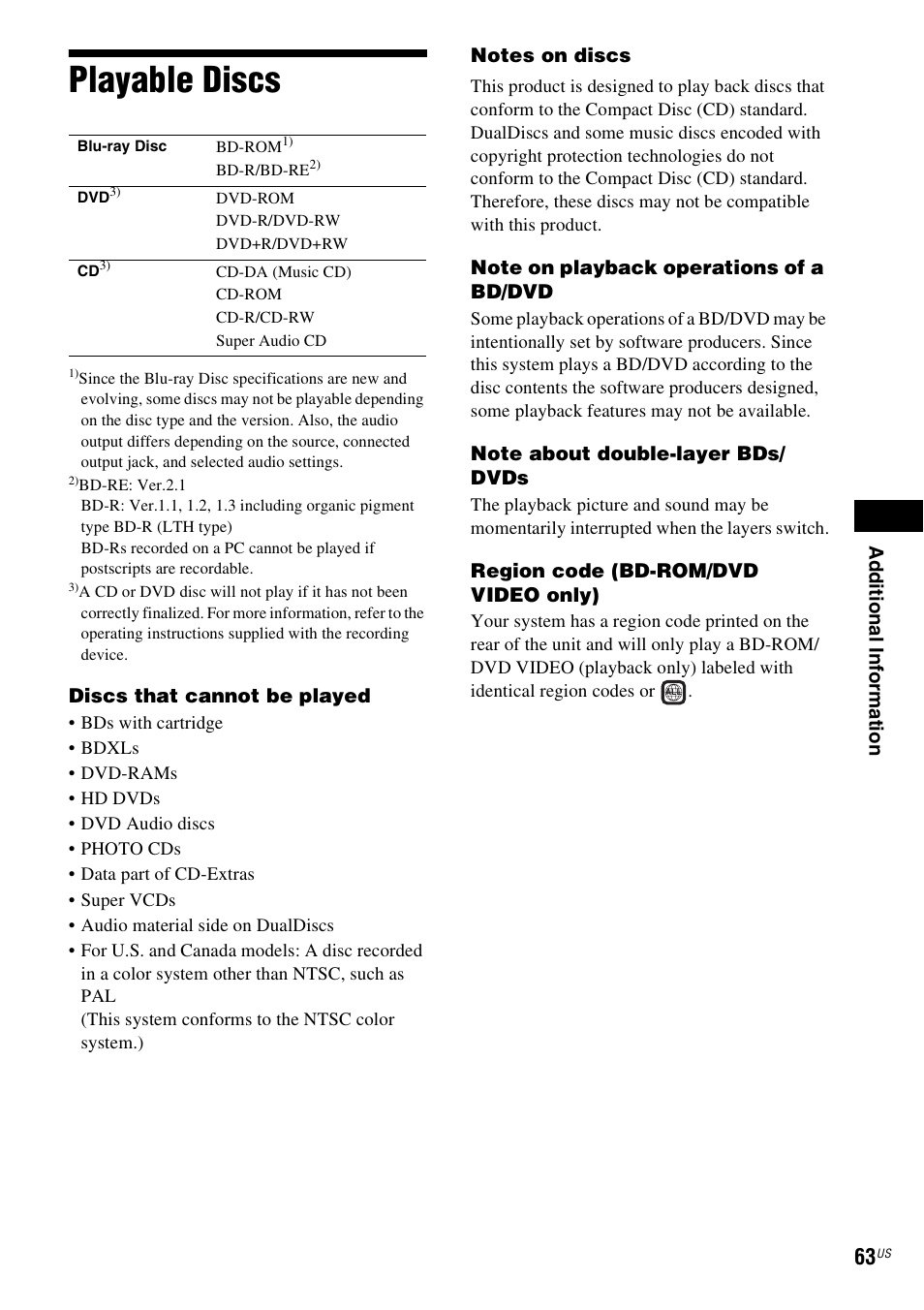Playable discs | Sony BDV-T58 User Manual | Page 63 / 72