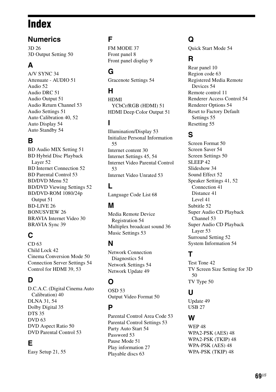 Index, Numerics | Sony BDV-T58 User Manual | Page 69 / 72