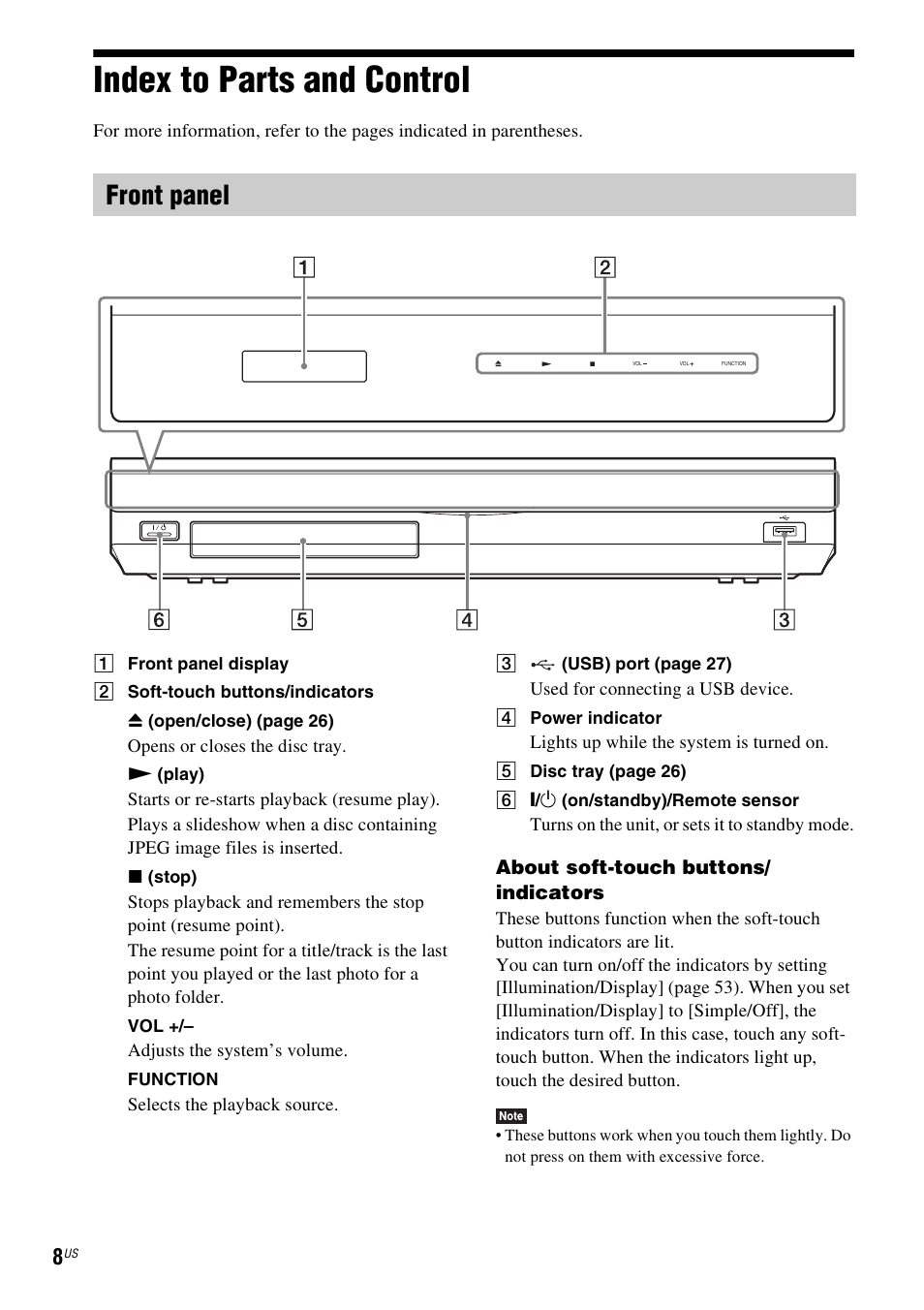 Index to parts and control, Front panel | Sony BDV-T58 User Manual | Page 8 / 72