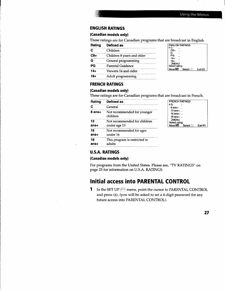 English ratings, French ratings, U.s.a. ratings | Initial access into parental control | Sony KV-27V66 User Manual | Page 28 / 39