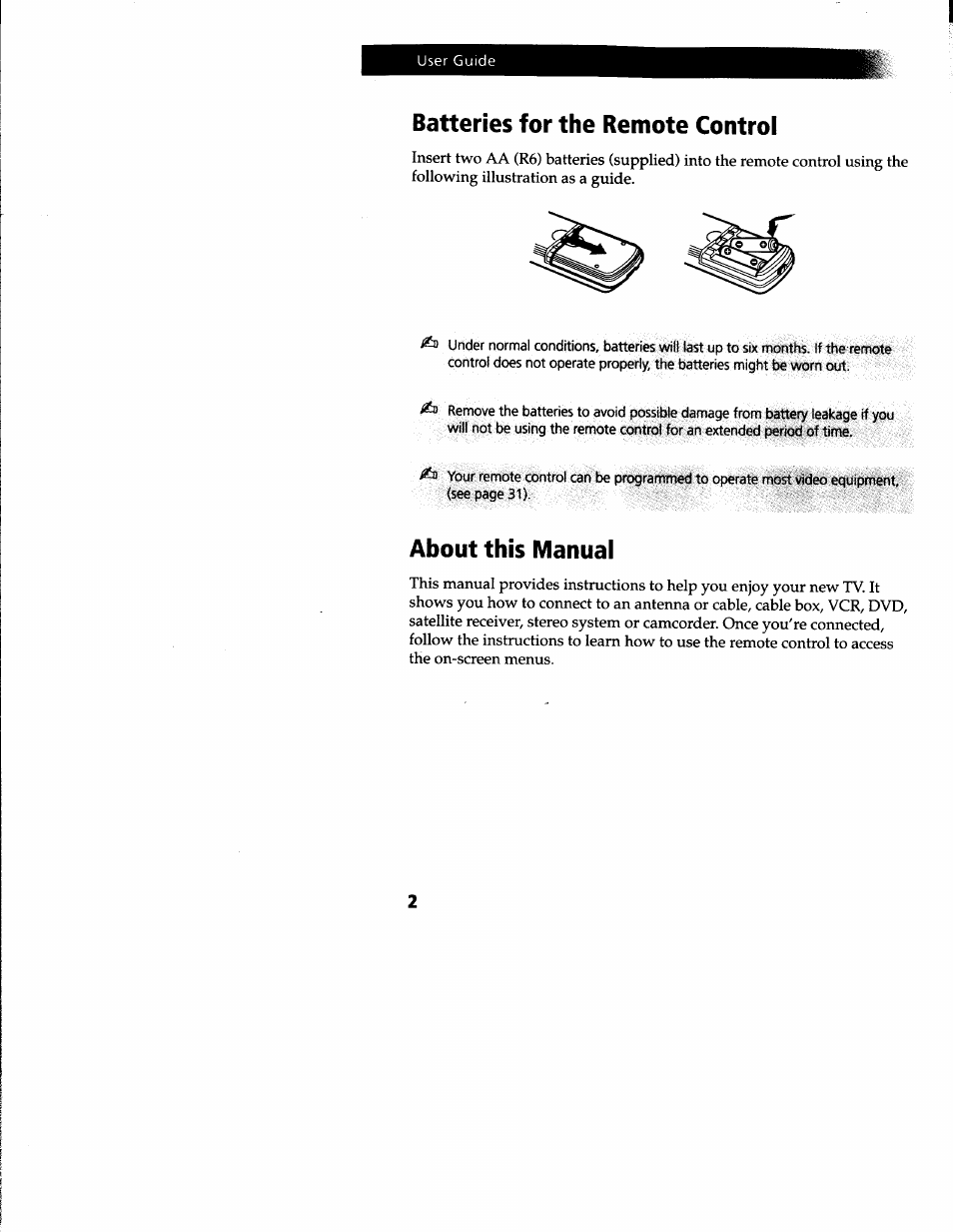 Batteries for the remote control, About this manual | Sony KV-27V66 User Manual | Page 3 / 39