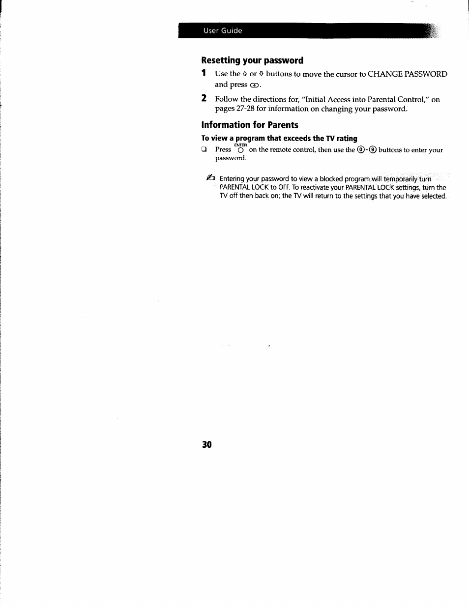 Resetting your password, Information for parents | Sony KV-27V66 User Manual | Page 31 / 39