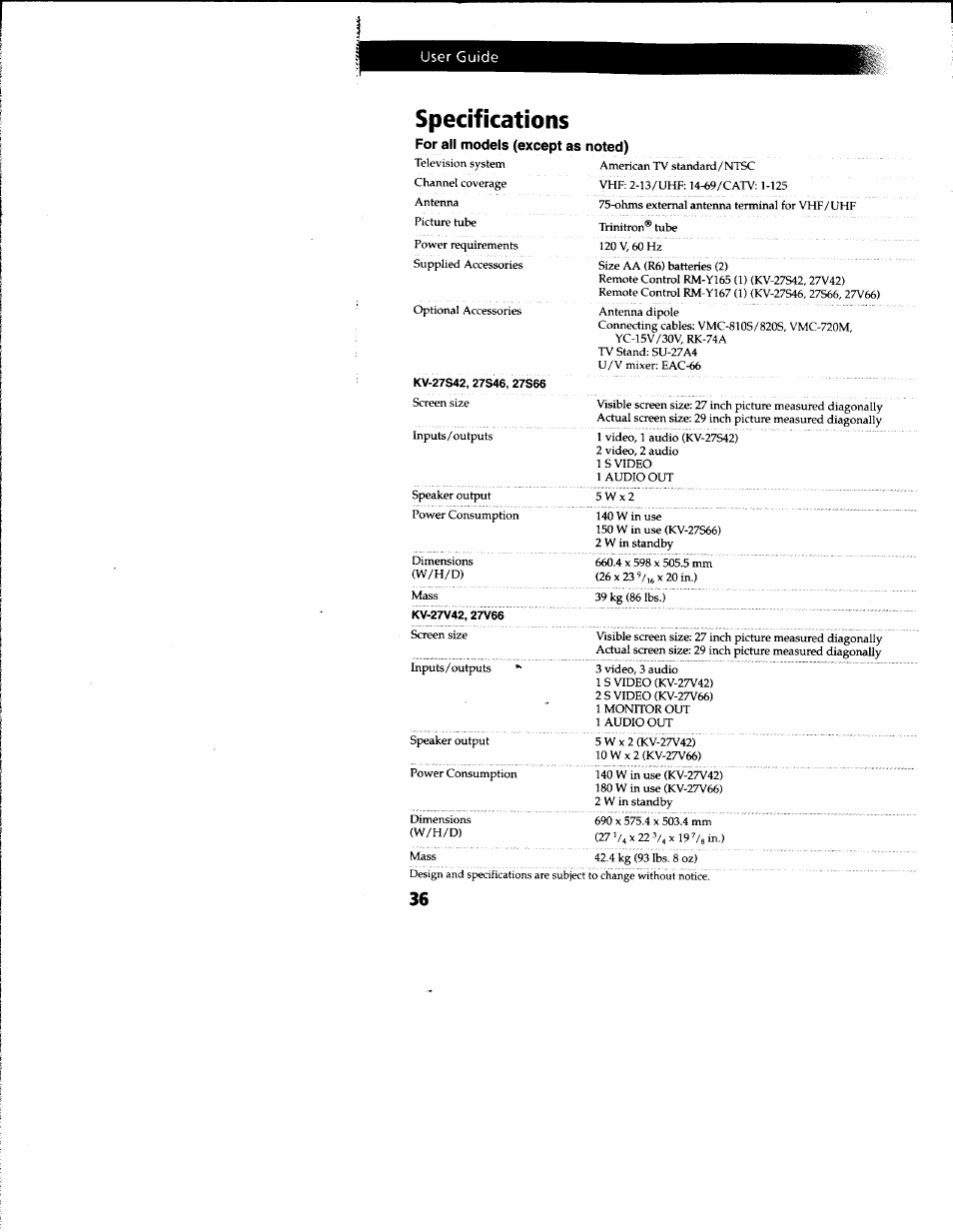 Specifications | Sony KV-27V66 User Manual | Page 37 / 39