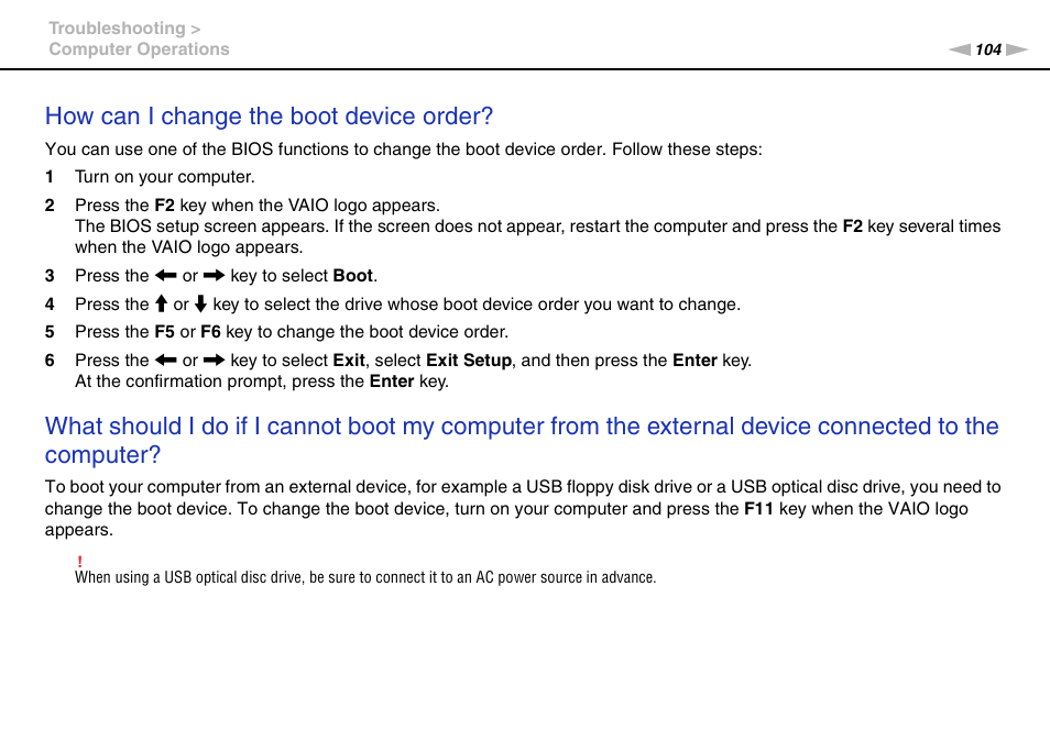 How can i change the boot device order | Sony VPCW222AX User Manual | Page 104 / 139