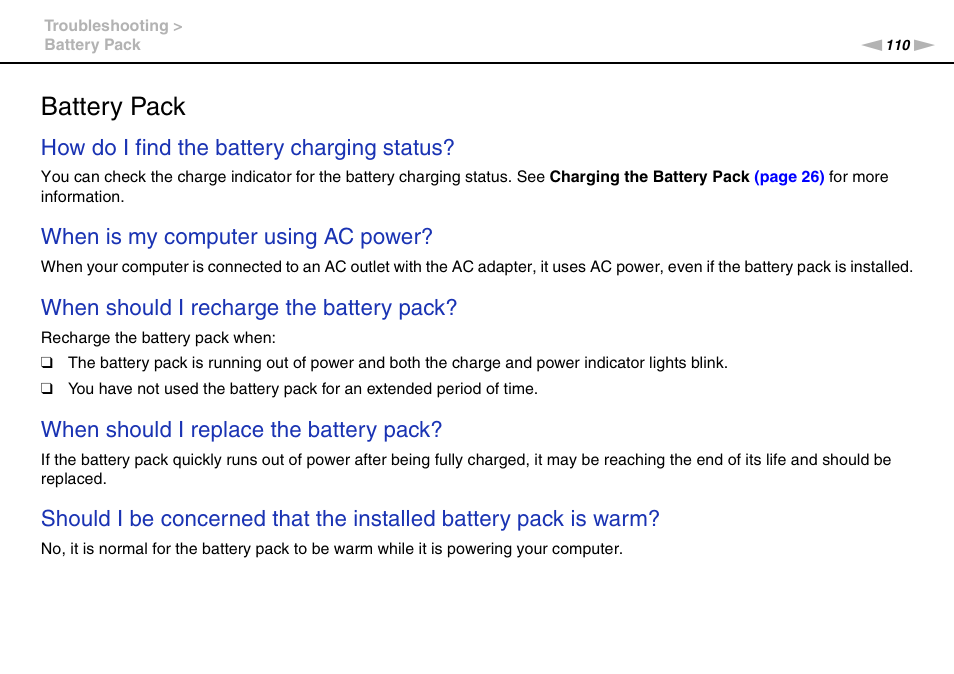 Battery pack, How do i find the battery charging status, When is my computer using ac power | When should i recharge the battery pack, When should i replace the battery pack | Sony VPCW222AX User Manual | Page 110 / 139