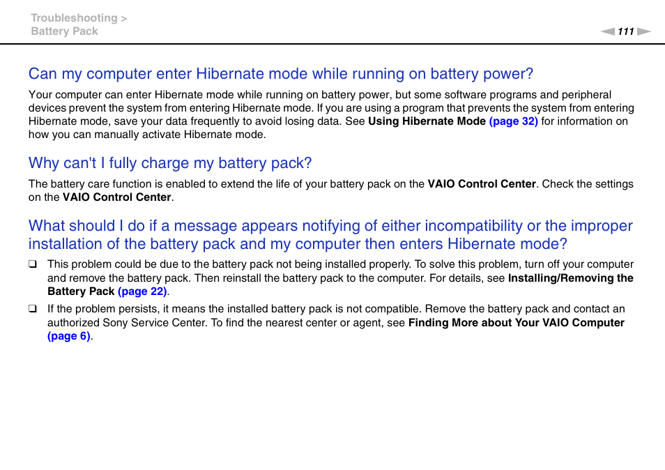 Why can't i fully charge my battery pack | Sony VPCW222AX User Manual | Page 111 / 139