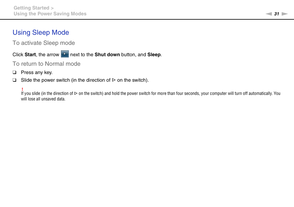 Using sleep mode | Sony VPCW222AX User Manual | Page 31 / 139