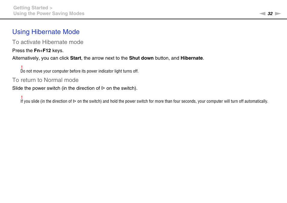 Using hibernate mode | Sony VPCW222AX User Manual | Page 32 / 139