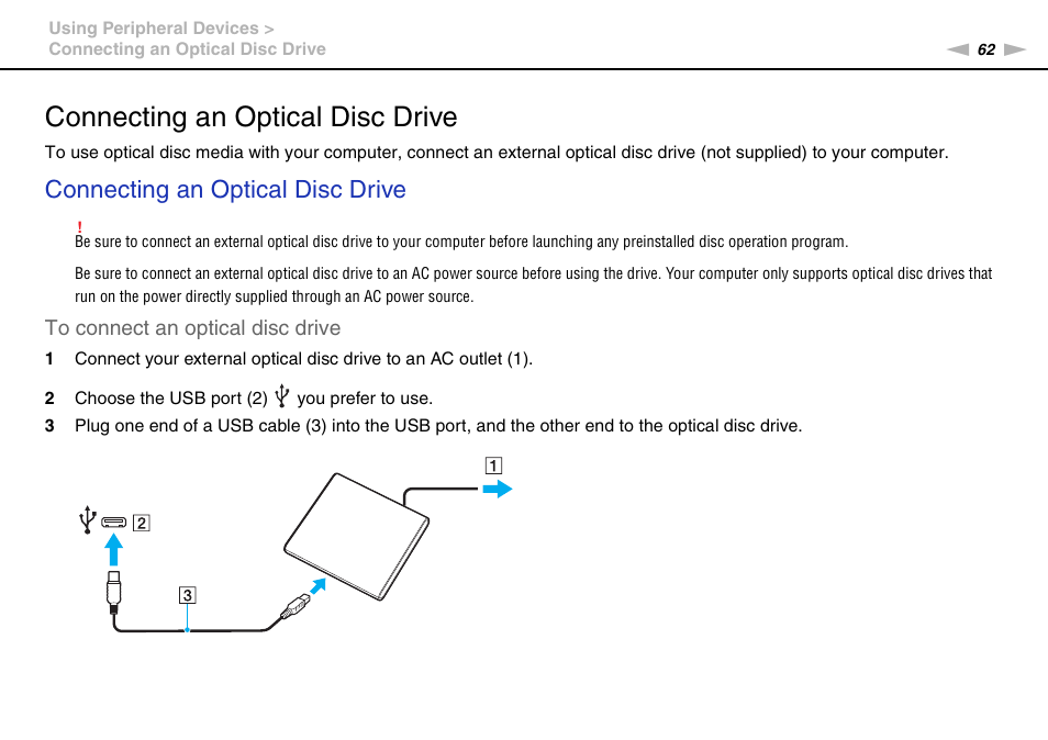 Connecting an optical disc drive | Sony VPCW222AX User Manual | Page 62 / 139