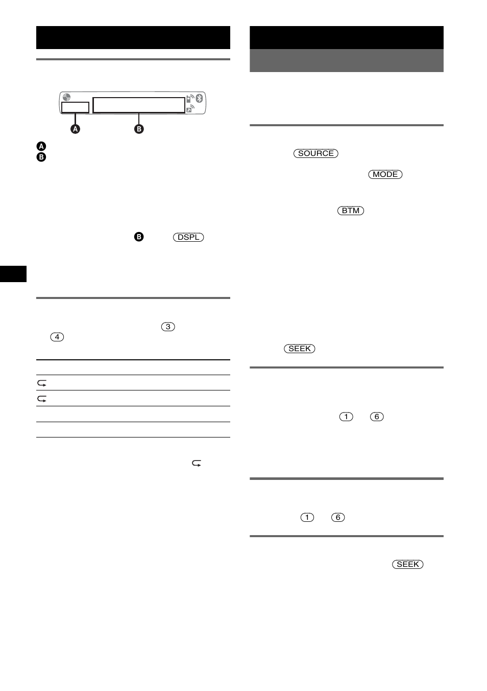 Display items, Repeat and shuffle play, Radio | Storing and receiving stations, Storing automatically - btm, Storing manually, Receiving the stored stations, Tuning automatically, Display items repeat and shuffle play, Radio storing and receiving stations | Sony MEX-BT2600 User Manual | Page 10 / 80