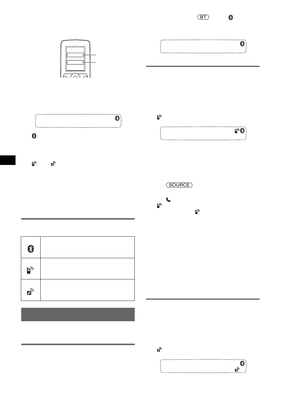 About bluetooth icons, Connection, Connecting a cellular phone | Connecting an audio device | Sony MEX-BT2600 User Manual | Page 12 / 80