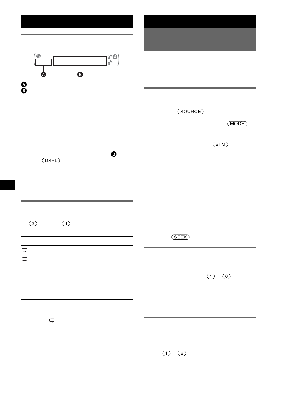 Elementos de la pantalla, Reproducción repetida y aleatoria, Radio | Almacenamiento y recepción de emisoras, Almacenamiento automático - btm, Almacenamiento manual, Recepción de las emisoras almacenadas, Radio almacenamiento y recepción de emisoras | Sony MEX-BT2600 User Manual | Page 60 / 80