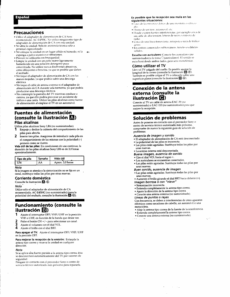 Precauciones, Funcionamiento (consulte la ilustración ш), Solución de problemas | Nota, Ausencia de imagen y sonido, Buena imagen, ausencia de sonido, Buen sonido, ausencia de imagen, Imagen borrosa o con "nieve, Líneas de puntos o rayas | Sony FDL-PT22 User Manual | Page 6 / 6