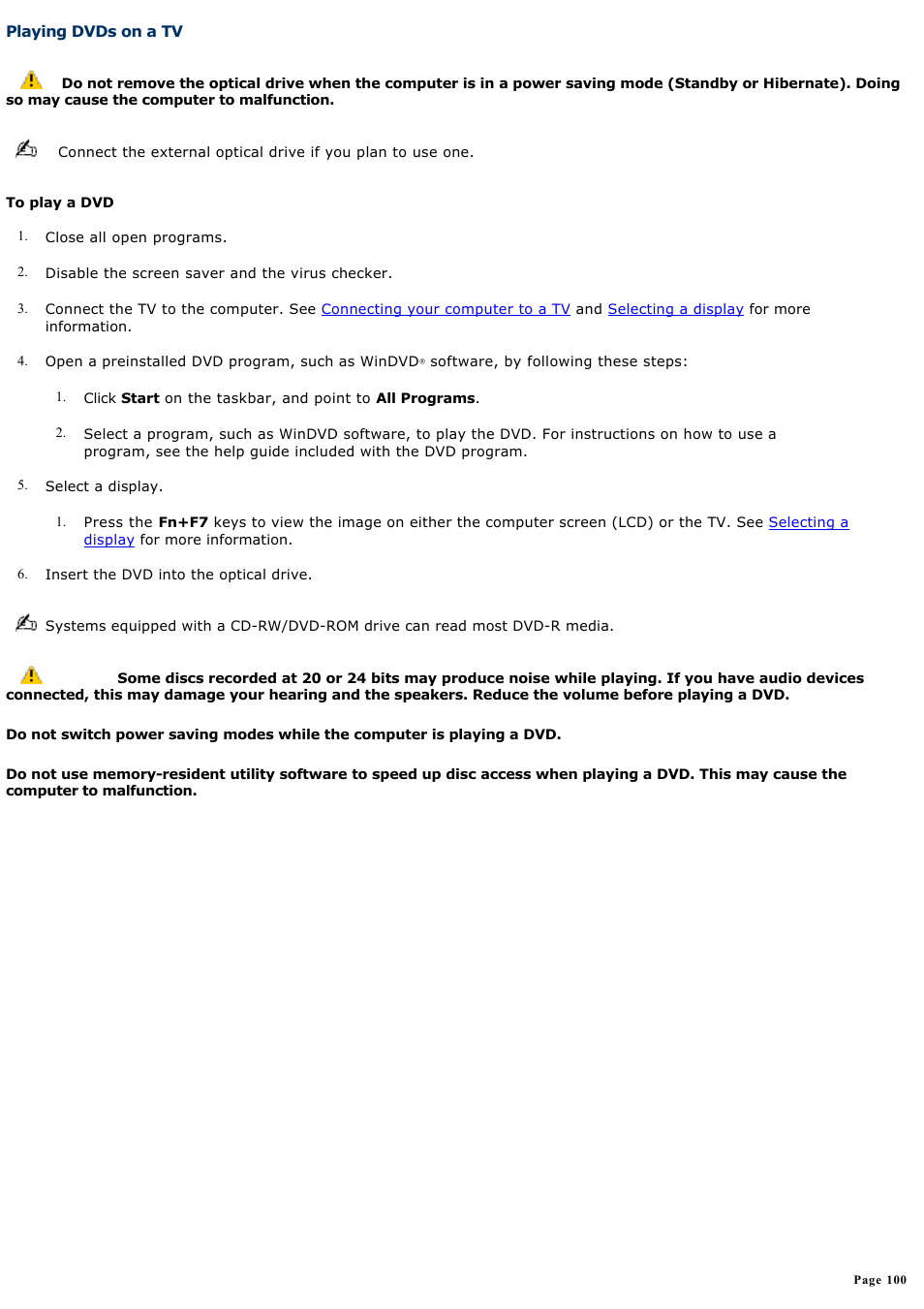 Playing dvds on a tv | Sony VGN-A140B User Manual | Page 100 / 315