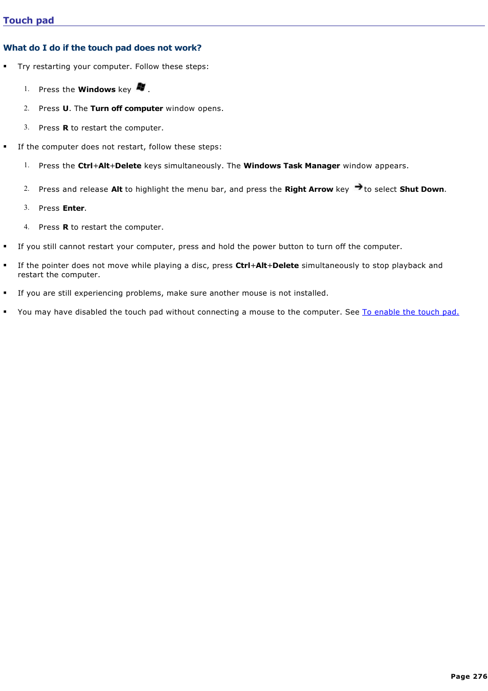 What do i do if the touch pad does not work | Sony VGN-A140B User Manual | Page 276 / 315