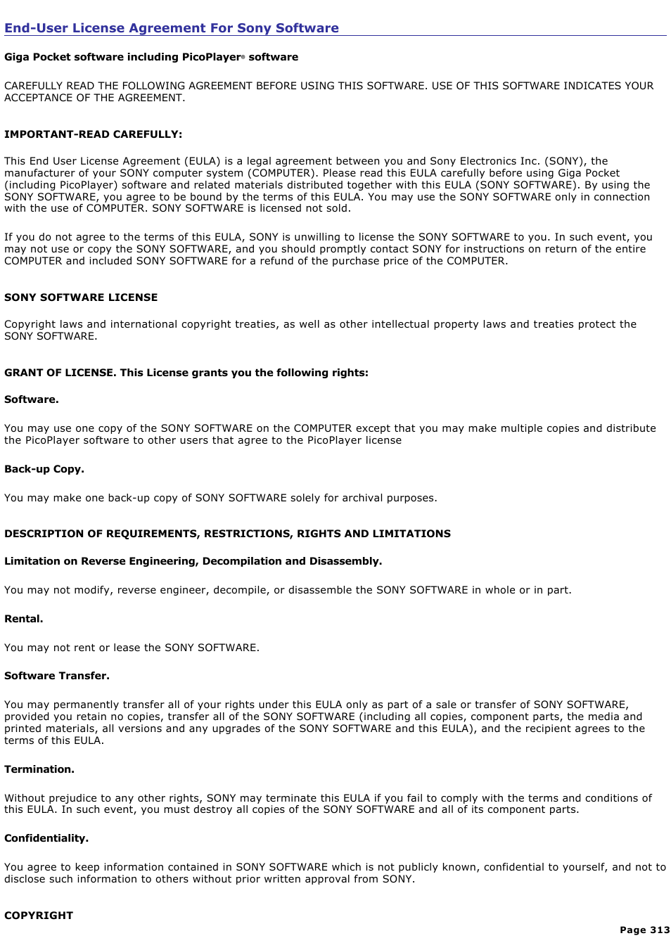 End-user license agreement for sony software | Sony VGN-A140B User Manual | Page 313 / 315