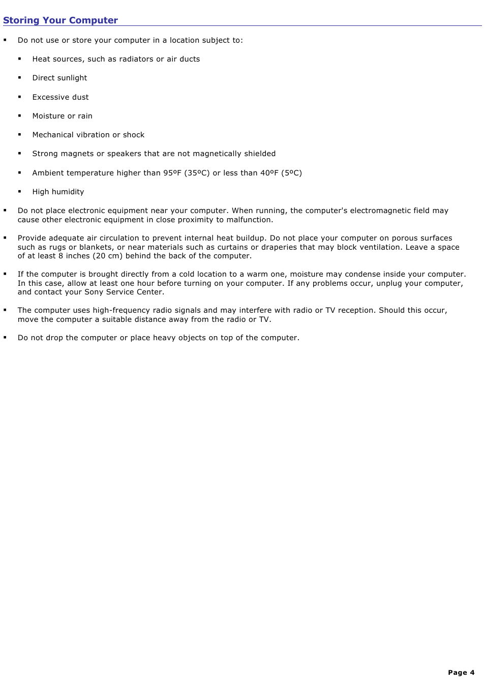 Storing your computer | Sony VGN-A140B User Manual | Page 4 / 315