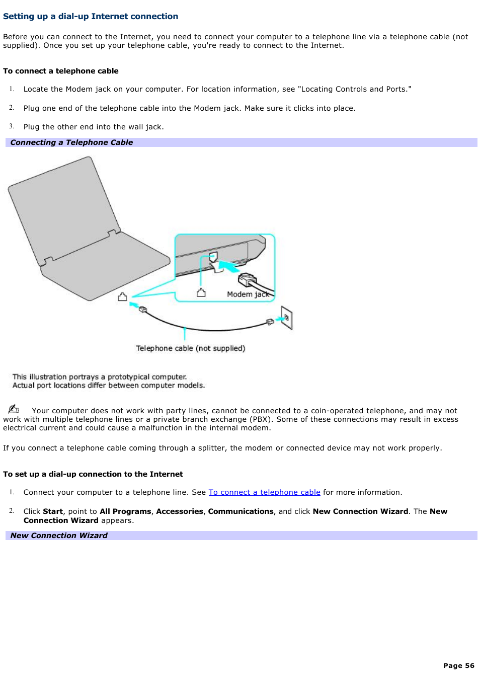 Setting up a dial-up internet connection | Sony VGN-A140B User Manual | Page 56 / 315