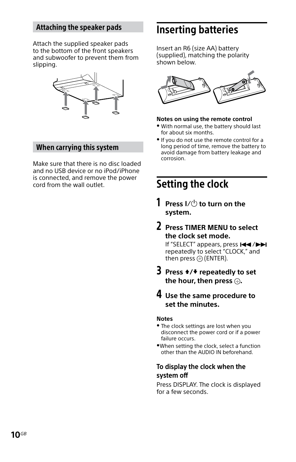 Inserting batteries, Setting the clock, Inserting batteries setting the clock | Sony MHC-EC719IP User Manual | Page 10 / 68