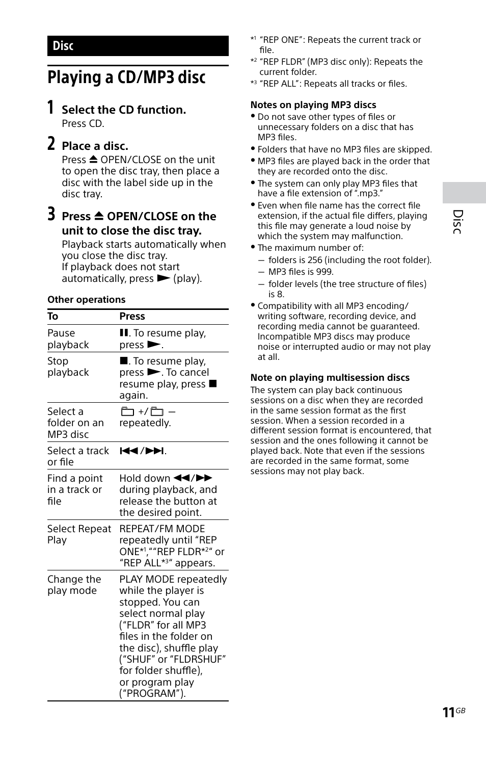 Disc, Playing a cd/mp3 disc | Sony MHC-EC719IP User Manual | Page 11 / 68