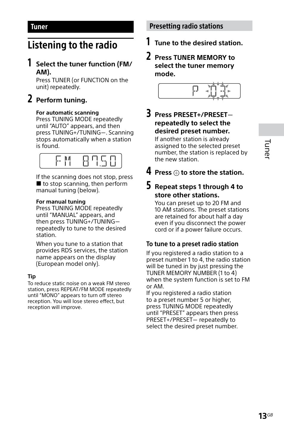 Tuner, Listening to the radio, T uner | Sony MHC-EC719IP User Manual | Page 13 / 68