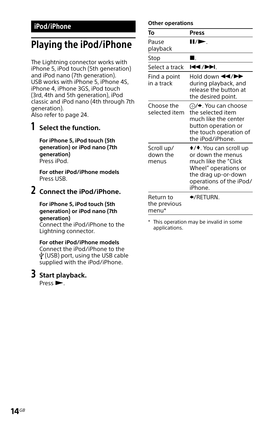 Ipod/iphone, Playing the ipod/iphone | Sony MHC-EC719IP User Manual | Page 14 / 68