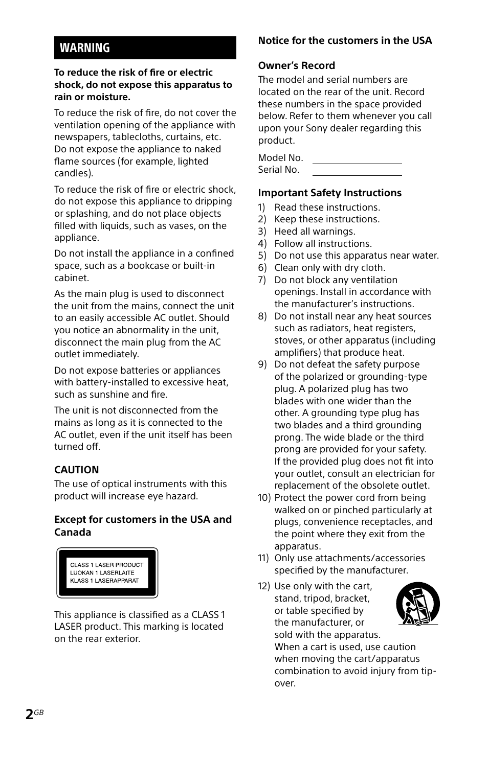 Warning | Sony MHC-EC719IP User Manual | Page 2 / 68