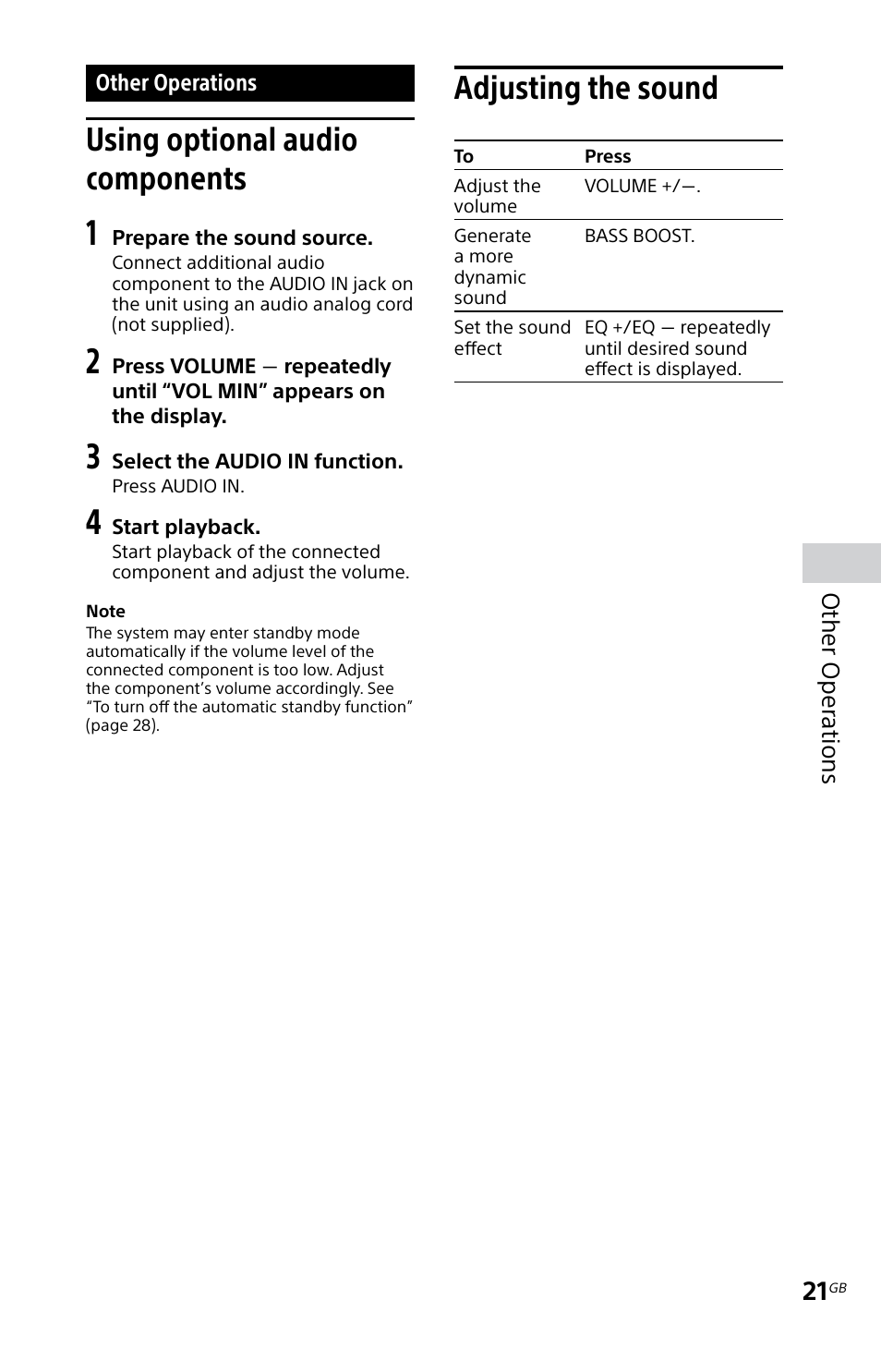 Other operations, Using optional audio components, Adjusting the sound | Using optional audio, Components adjusting the sound, Other oper ations | Sony MHC-EC719IP User Manual | Page 21 / 68