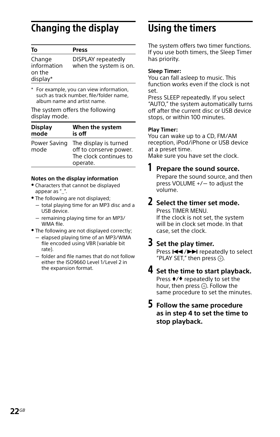 Changing the display, Using the timers, Changing the display using the timers | Sony MHC-EC719IP User Manual | Page 22 / 68