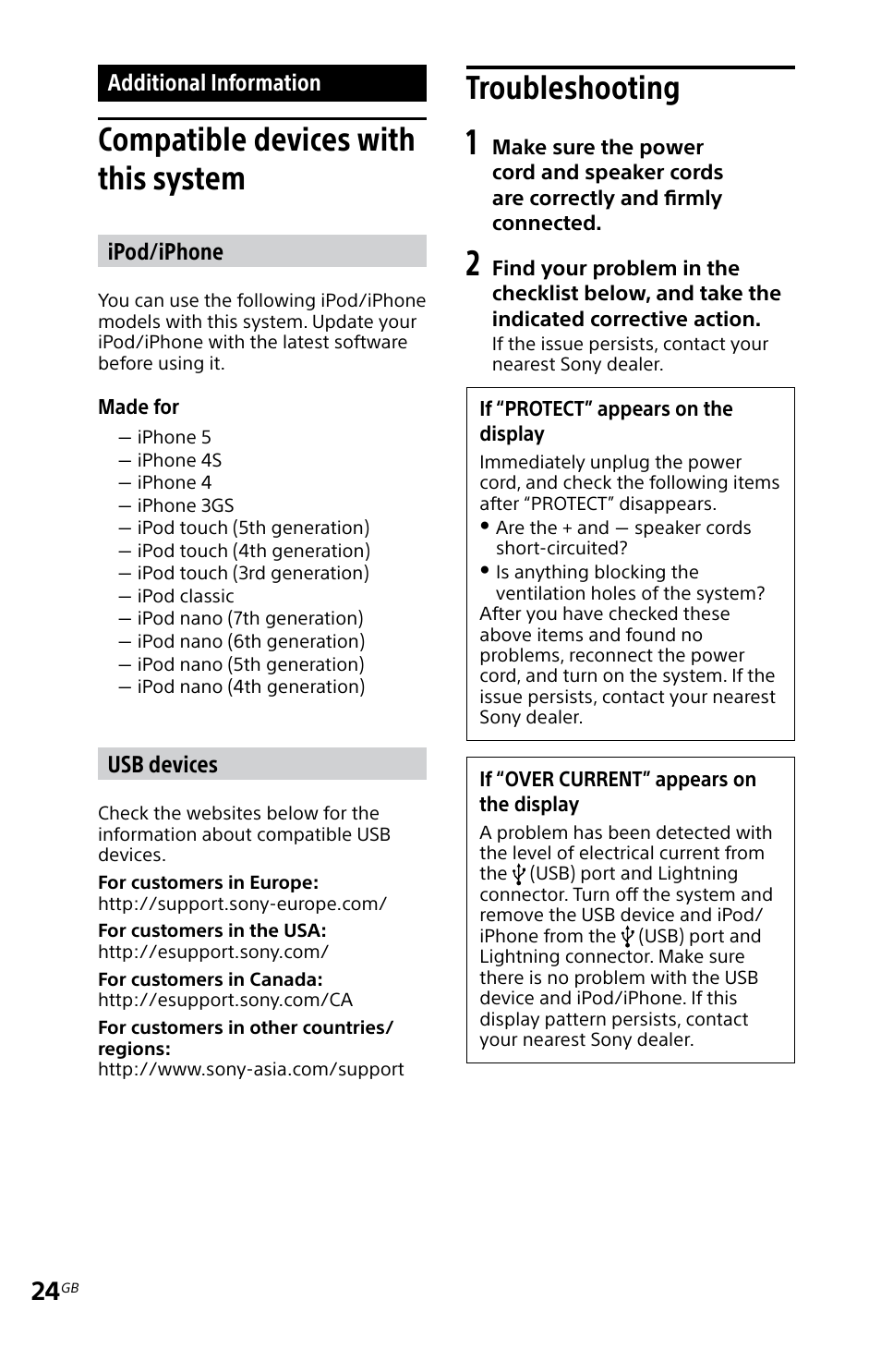 Additional information, Compatible devices with this system, Troubleshooting | Compatible devices with this, System troubleshooting, Ipod/iphone, Usb devices | Sony MHC-EC719IP User Manual | Page 24 / 68