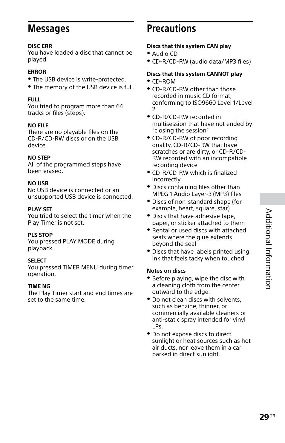 Messages, Precautions, Messages precautions | Additional inf orma tion | Sony MHC-EC719IP User Manual | Page 29 / 68