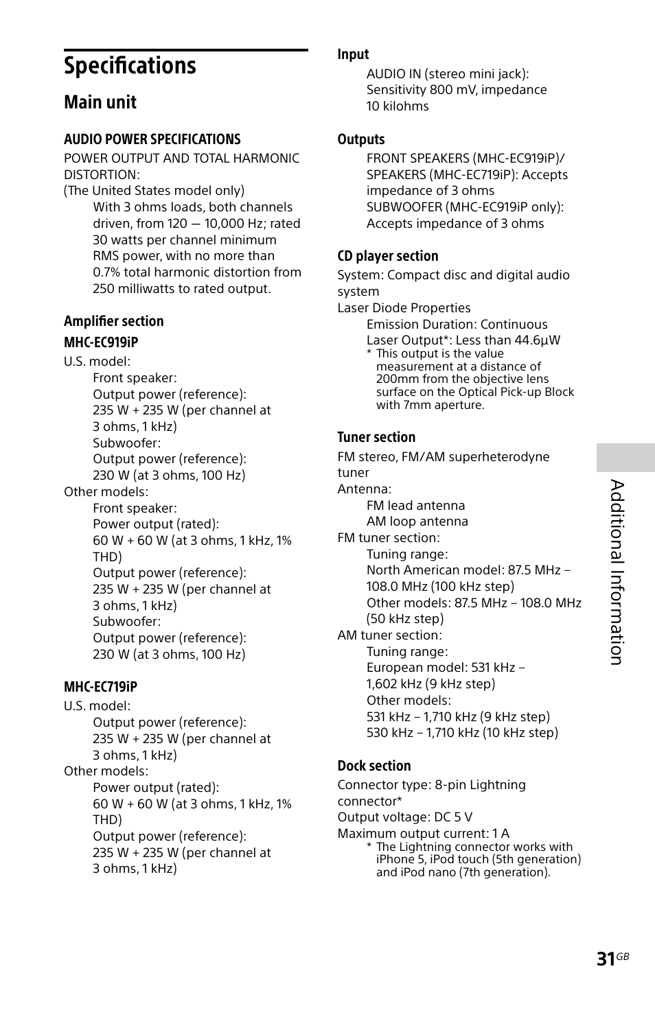 Specifications, Main unit, Additional inf orma tion | Sony MHC-EC719IP User Manual | Page 31 / 68