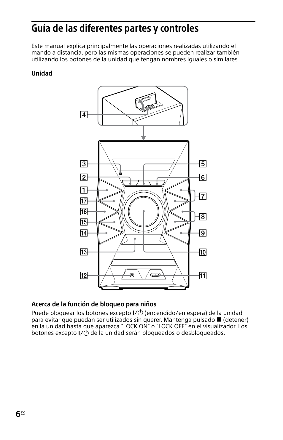 Guía de las diferentes partes y controles, Guía de las diferentes partes y, Controles | Sony MHC-EC719IP User Manual | Page 38 / 68