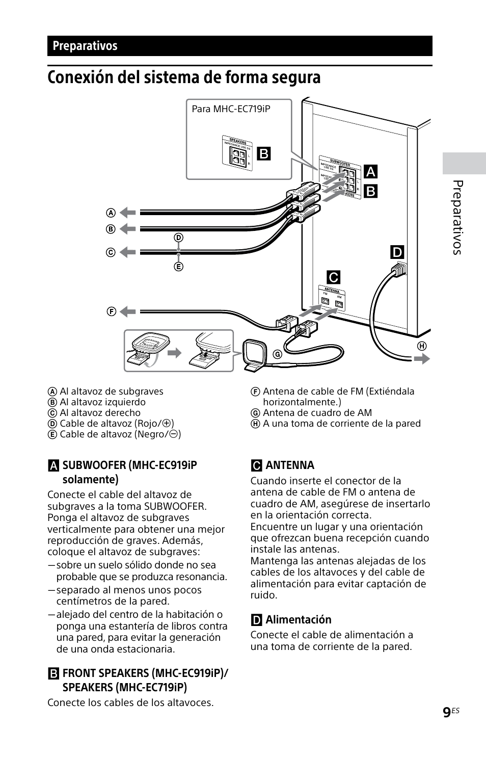 Preparativos, Conexión del sistema de forma segura, Conexión del sistema de forma | Segura, Prepar ativos | Sony MHC-EC719IP User Manual | Page 41 / 68