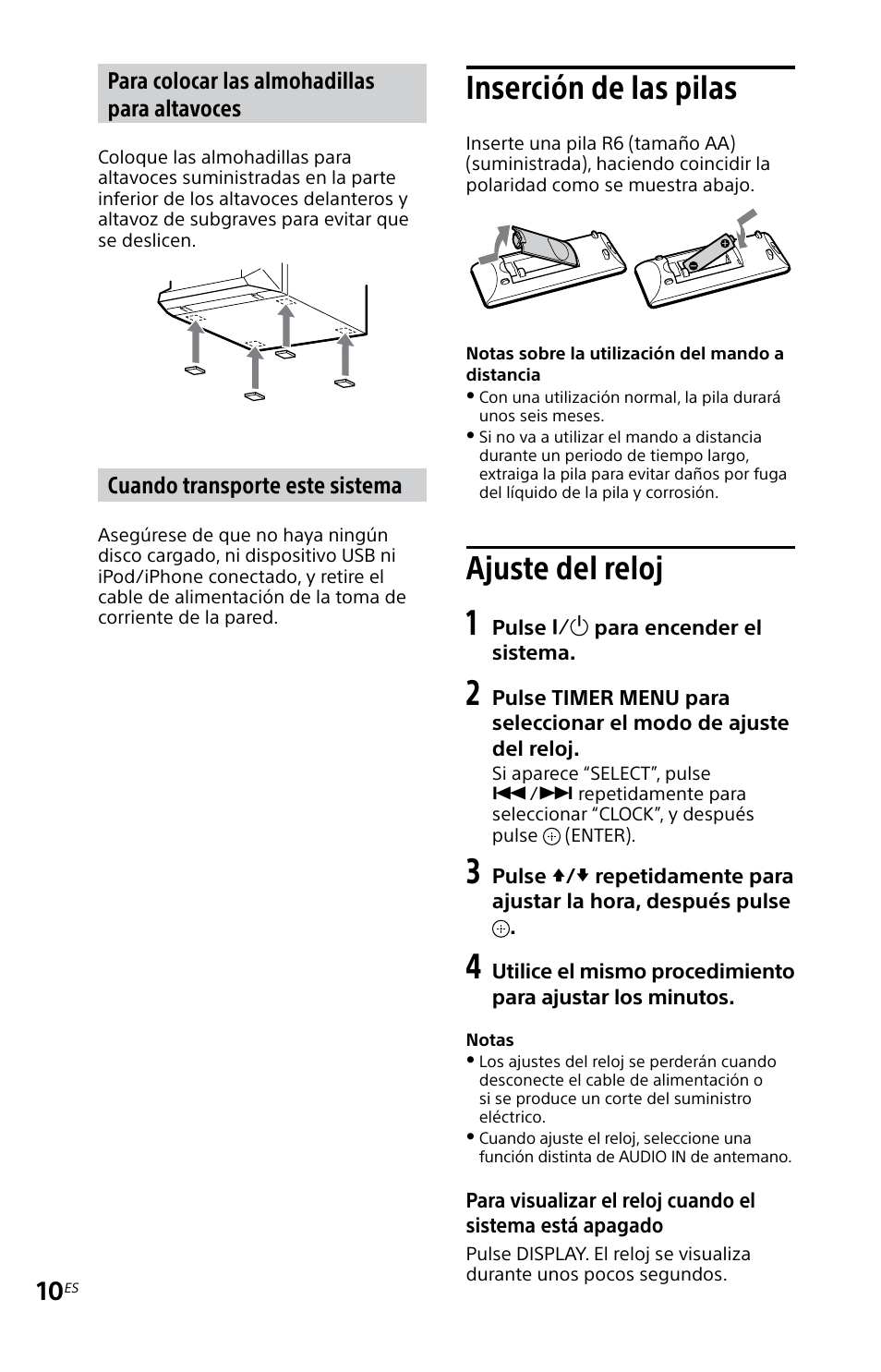 Inserción de las pilas, Ajuste del reloj, Inserción de las pilas ajuste del reloj | Sony MHC-EC719IP User Manual | Page 42 / 68