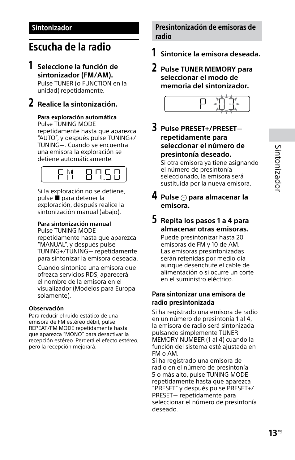 Sintonizador, Escucha de la radio, Sint onizador | Sony MHC-EC719IP User Manual | Page 45 / 68