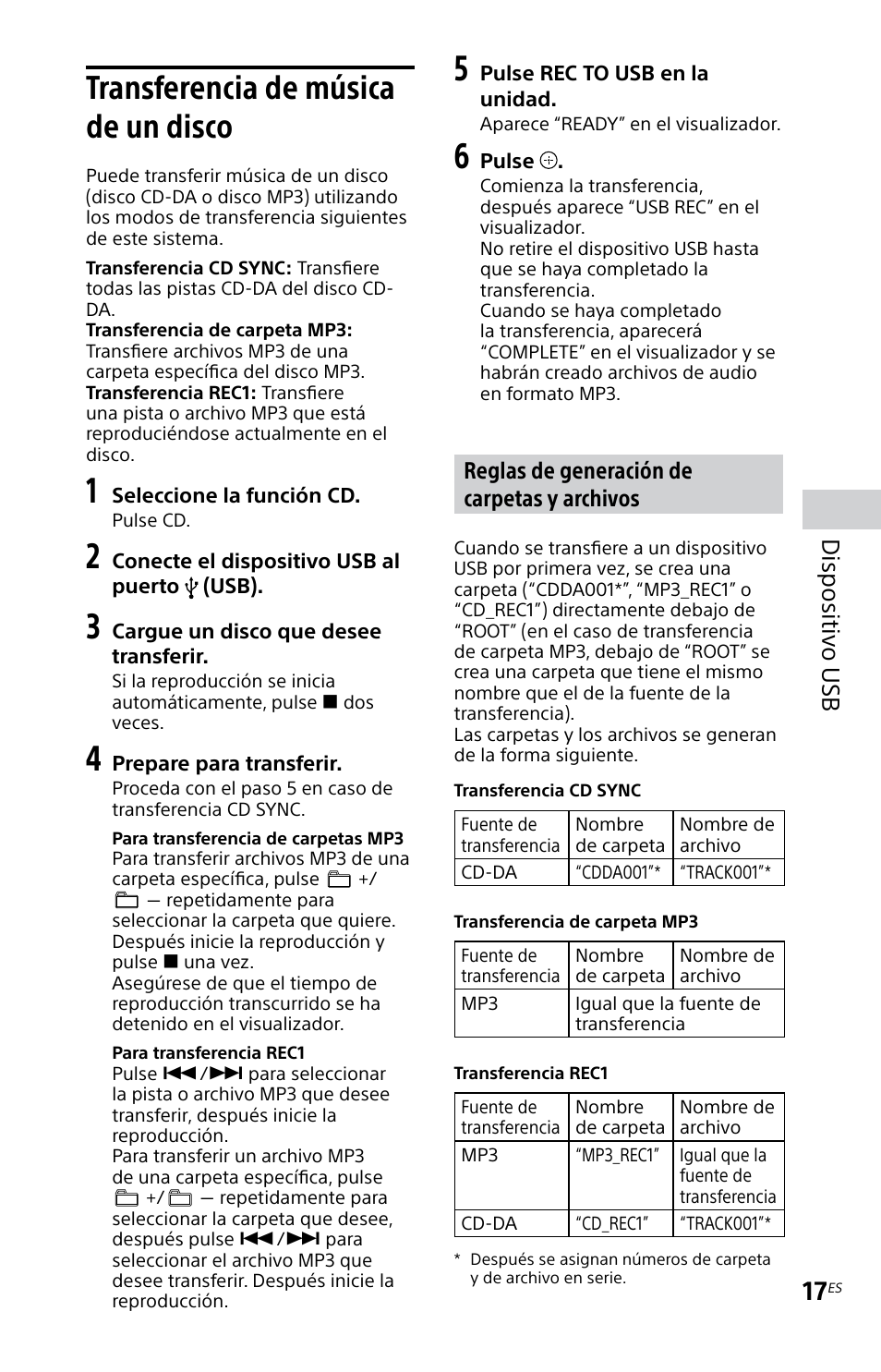 Transferencia de música de un disco, Transferencia de música de un, Disco | Dispositivo usb, Reglas de generación de carpetas y archivos | Sony MHC-EC719IP User Manual | Page 49 / 68